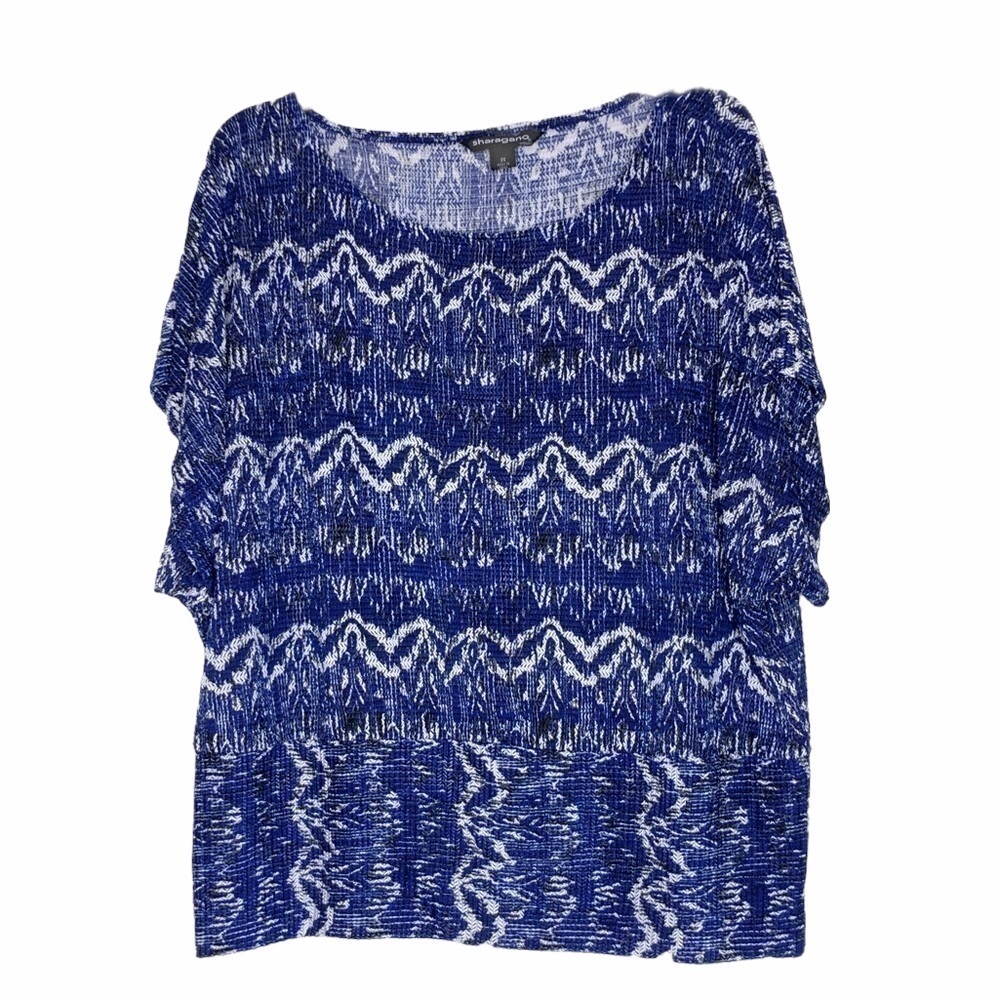 SHARANGO black, white & blue short sleeve scoop neck onionskin top - size 2X